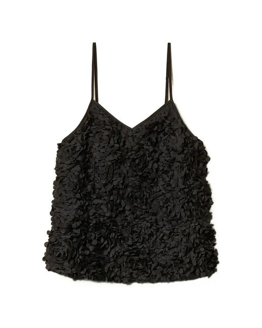 Twinset Black Crêpe De Chine And Tulle Top With Flowers