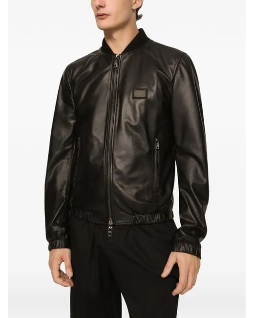 Dolce & Gabbana Black Leather Jacket With Branded Tag for men