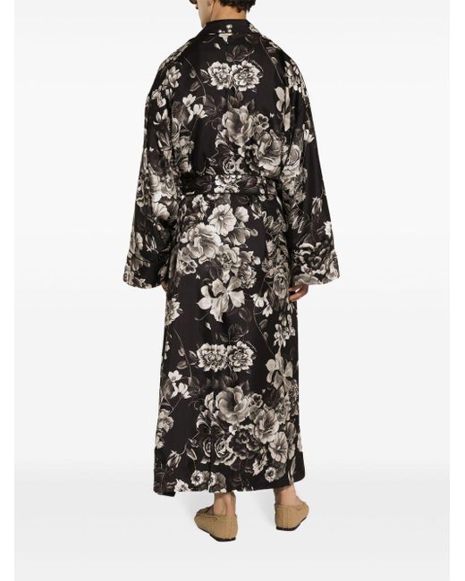 Dolce & Gabbana Black Floral-print Silk Robe for men