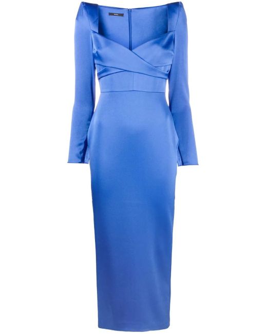Alex Perry Blue Linden Crossover Strong-shoulder Satin Crepe Midi Dress