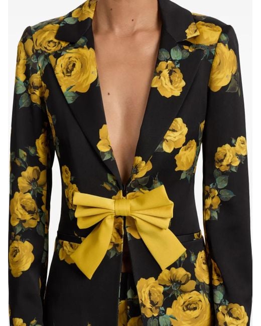 Alice + Olivia Black Mya Rose-Print Bow Blazer