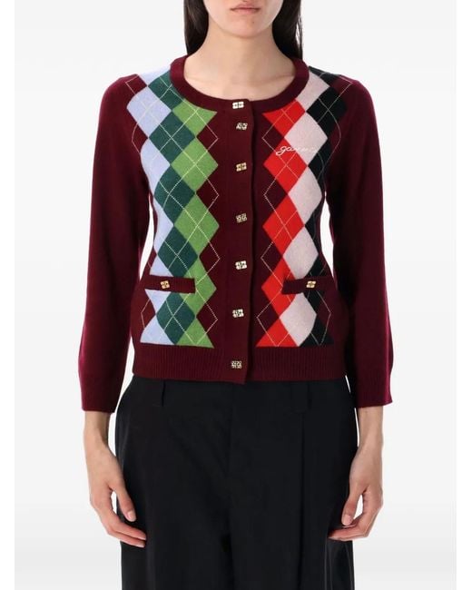 Ganni Red Argyle Button Cardigan