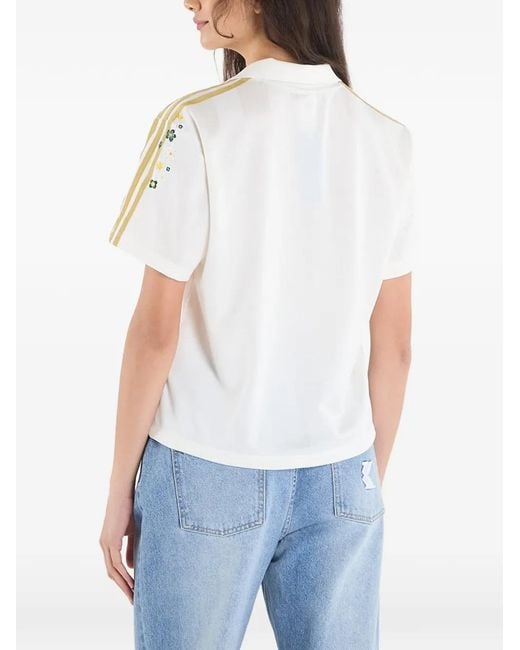 Adidas White Floral-Print Striped T-Shirt