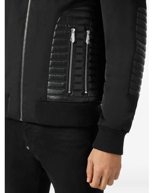 Philipp Plein Black Hooded Leather-Insert Jacket for men