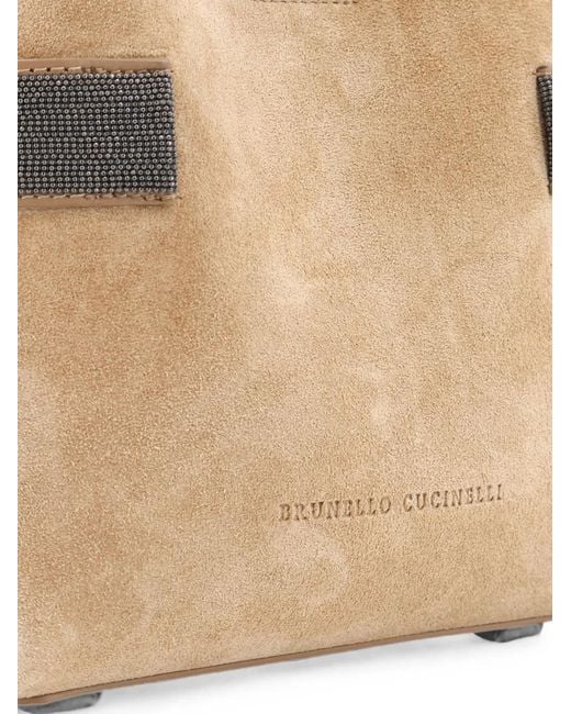 Brunello Cucinelli Natural Mini Essence Monili-Embellished Suede Tote Bag