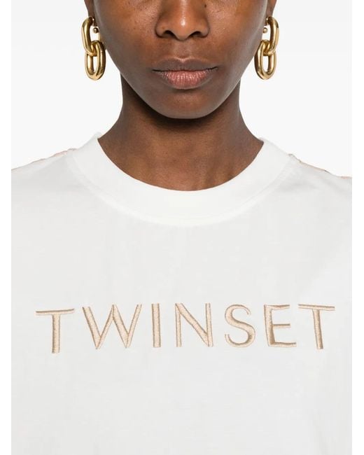Twinset White Lace-Back Logo-Embroidery T-Shirt