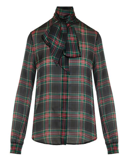 Saint Laurent Multicolor Pussy-Bow Checked Silk-Chiffon Blouse