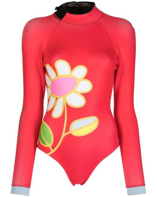Cynthia Rowley Red Floral-Print Mock Neck Wetsuit