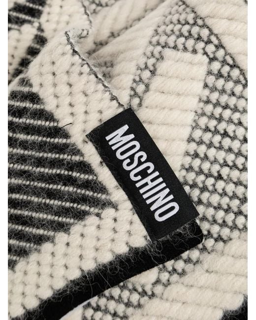 Moschino Gray Geometric-Pattern Logo-Patch Scarf
