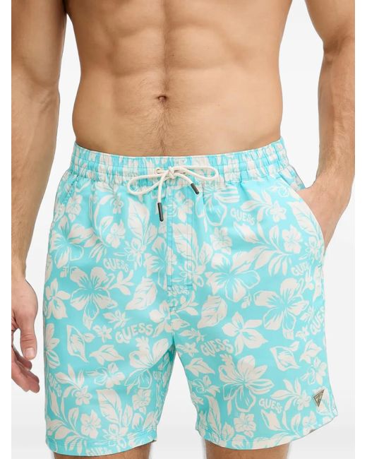 Guess Blue Floral-Print Drawstring Swim Shorts for men