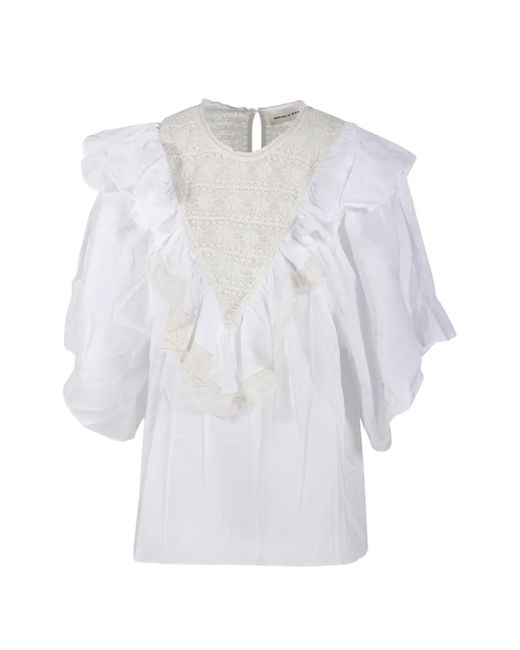 Antik Batik White Dolly Ruffled Lace-Panel Blouse