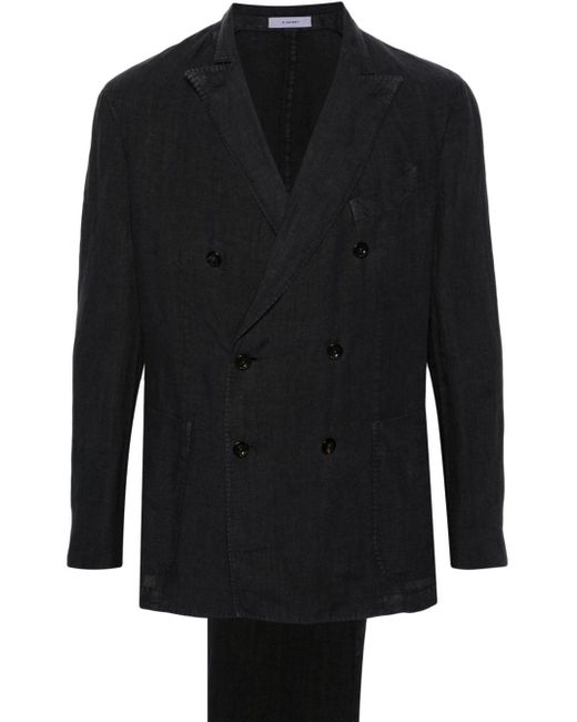 Boglioli Black Double-breasted Linen Suit for men
