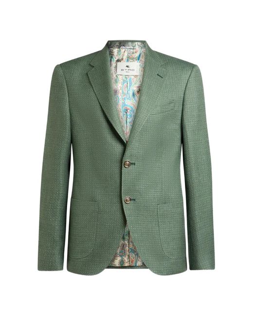 Etro Green Single-Breasted Notch-Lapels Blazer for men