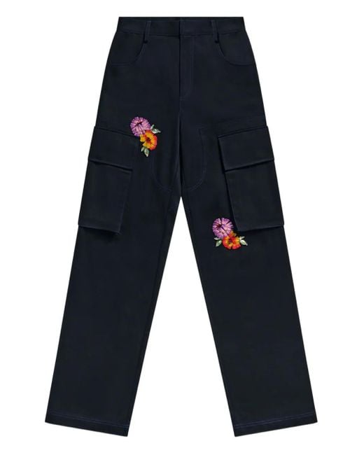 Area Blue Embroidered-Flower Cargo Trousers