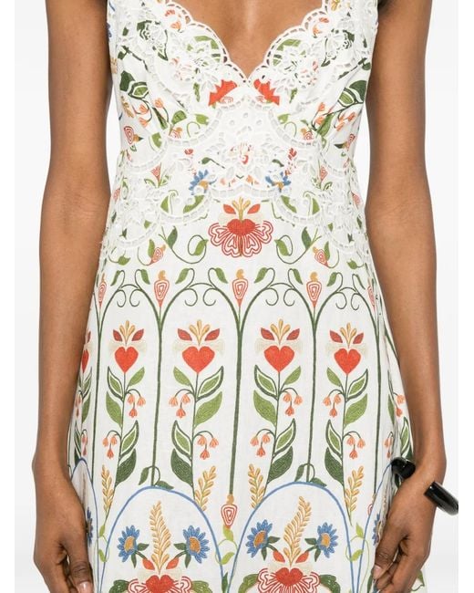 Farm Rio White Embroidered Scallop-Edge Midi Dress