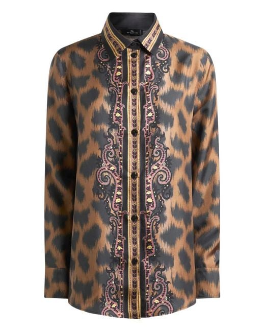 Etro Brown Silk Twill Shirt With Animal Motif