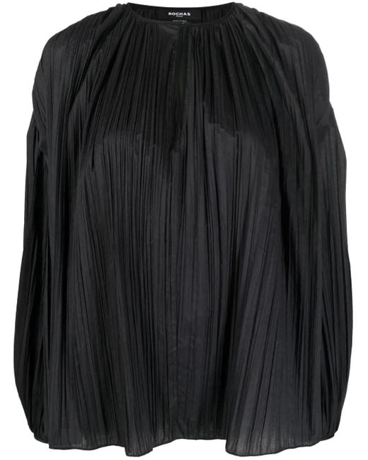 Rochas Black Pleated Puff-Sleeve Blouse