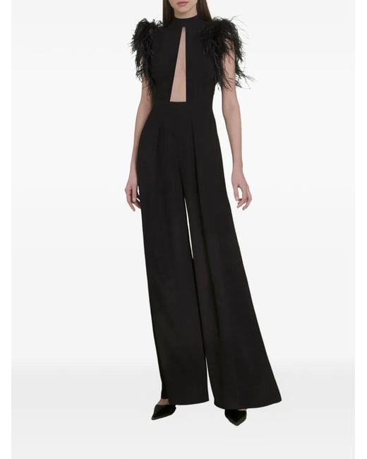 Gemy Maalouf Black Feathered-Shoulder Jumpsuit