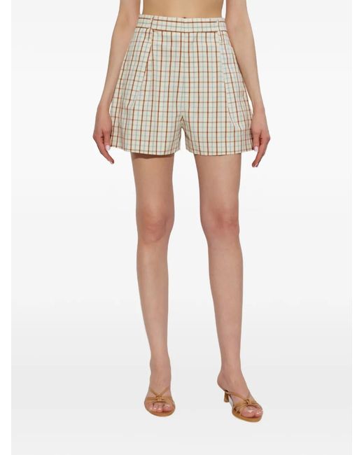 Victoria Beckham Natural Check-Pattern Pleated Shorts