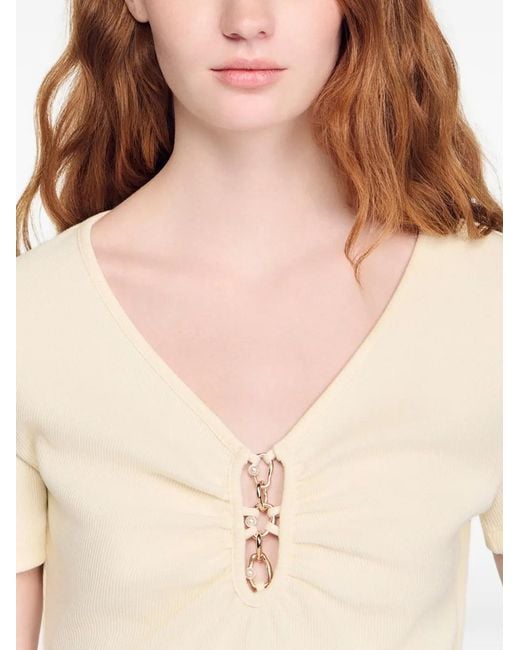 T-Shirt Con Scollo A V di Sandro in Natural