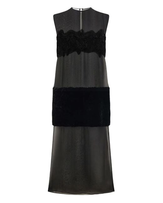 Ferragamo Black Lace-Shearling Panel Midi Dress