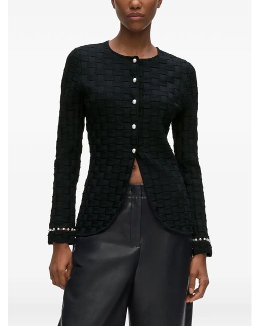 Karl Lagerfeld Black Pearl-Embellished Basket-Weave Cardigan