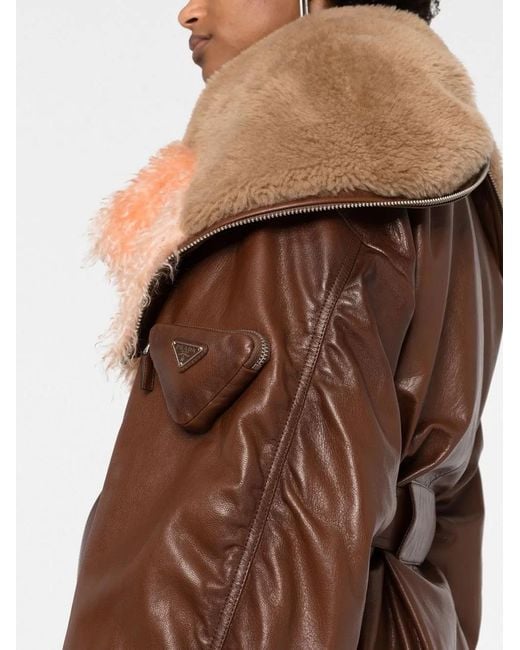 Prada Brown Shearling-Trim Zip-Up Leather Jacket