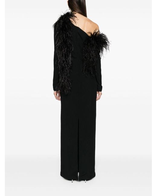 ‎Taller Marmo Black Garbo Off-the-shoulder Feather-trim Crepe Dress