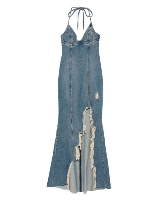 Blumarine Blue Halter-Neck Frayed-Hem Denim Dress