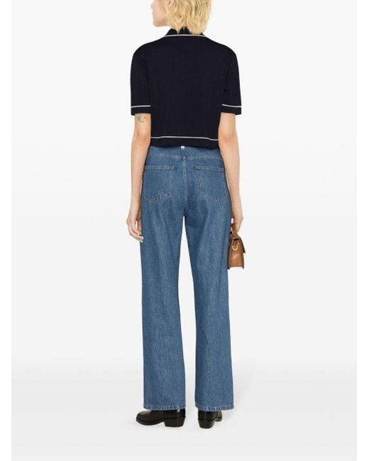Sandro Blue Cropped Waffle-knit Polo Top