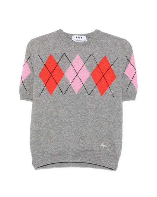 MSGM Gray Argyle-Pattern Short-Sleeve T-Shirt