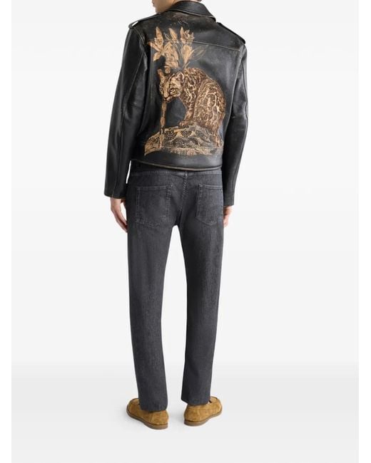 Etro Black Leather Biker Jacket With Placed Leopard Print for men