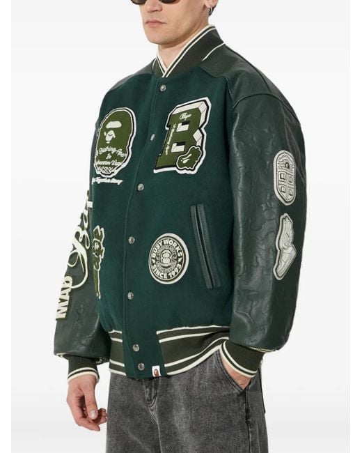 A Bathing Ape Green Panelled Varsity Jacket for men