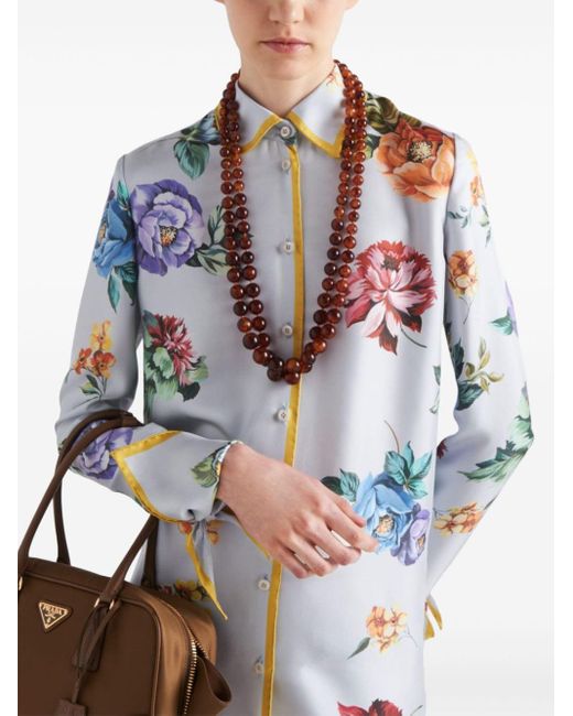 Prada Blue Floral-print Silk Shirtdress