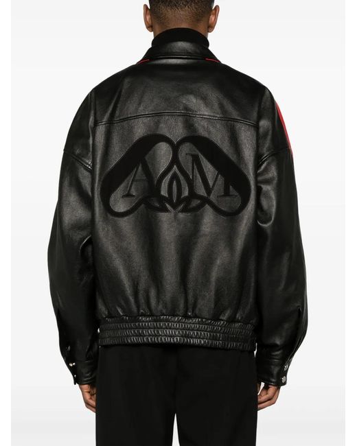 McQueen Black Striped Leather Biker Jacket for men