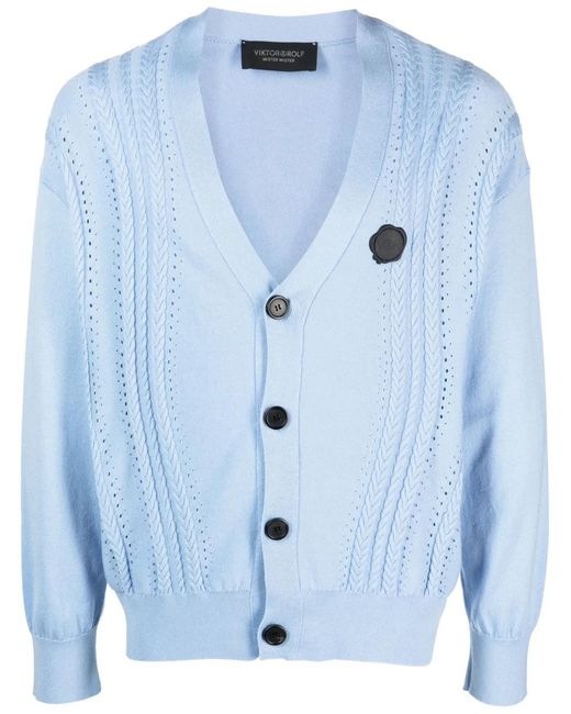 Viktor & Rolf Blue Cable-Knit V-Neck Cardigan for men