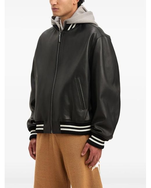Palm Angels Black Curved Logo Leather Bomber for men