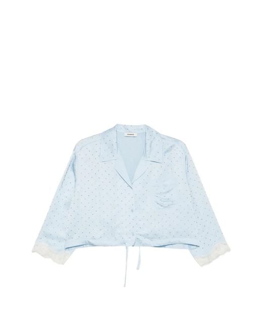 Sandro Blue Rhinestone-Embellished Cropped Shirt
