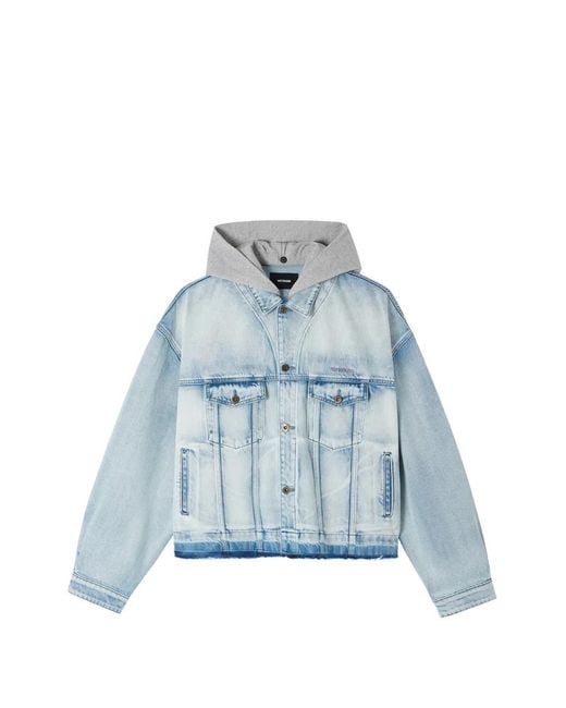 we11done Blue Hooded Raw-Hem Denim Jacket for men