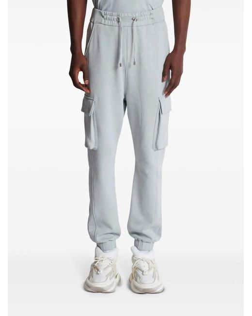Balmain Gray Logo-Print Cotton Cargo Track Pants for men