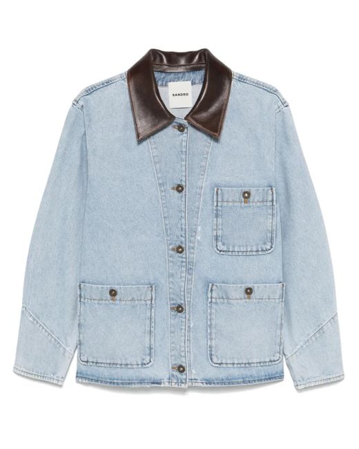 Sandro Blue Leather-Collar Denim Jacket