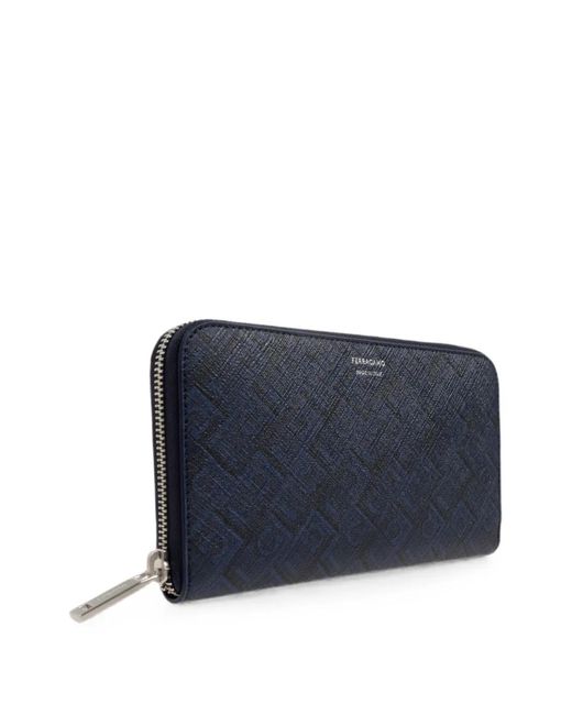 Ferragamo Blue Portefeuille En Cuir À Plaque Logo