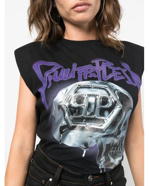 Philipp Plein Black Skull-Print Padded-Shoulder Tank Top