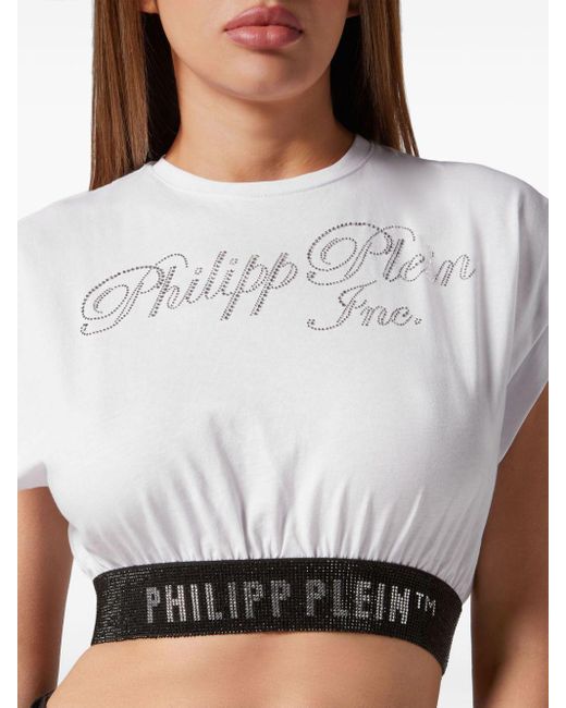 Philipp Plein White Rhinestone-logo Cropped T-shirt