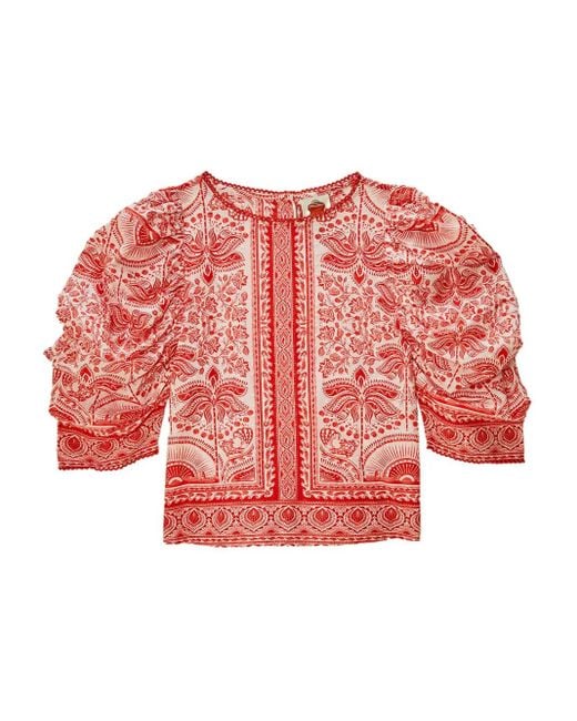 Farm Rio Red Puff-Sleeve Patterned Top