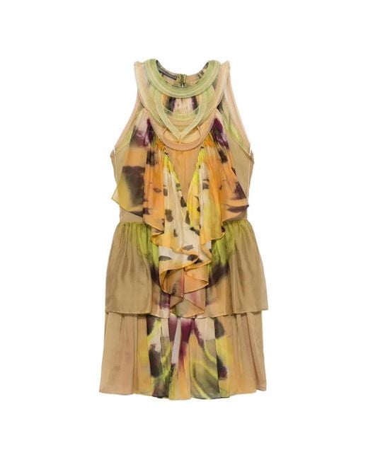 Alberta Ferretti Metallic Abstract-Print Tiered Mini Dress