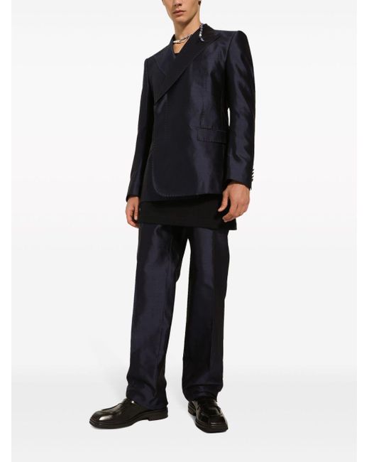 Dolce & Gabbana Blue Pressed-crease Silk Tailored Trousers for men