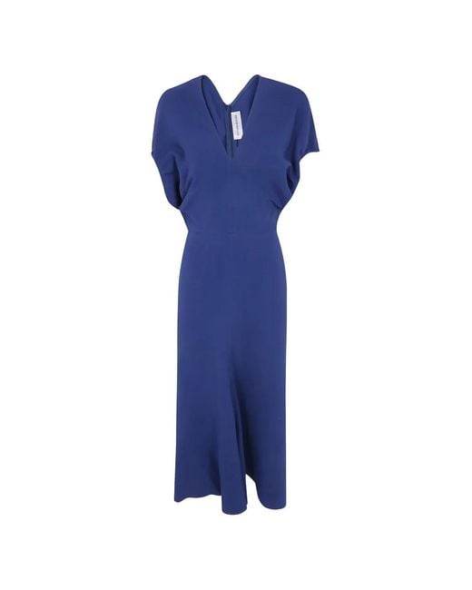 Victoria Beckham Blue V-Neck Short-Sleeves Midi Dress
