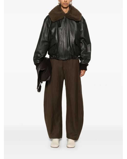 Lemaire Black Shearling Collar Leather Jacket