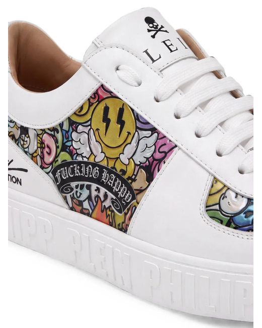 Philipp Plein White Mirror Smile Graphic-Print Sneakers